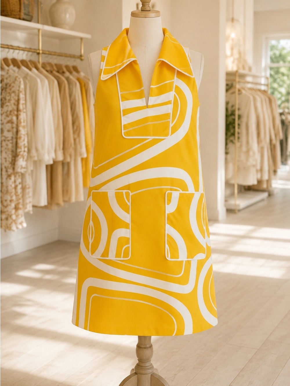 House of Mbr Yellow Cosmo gold Sleeveless Cassidy Shift Dress Pocket Detail 0
